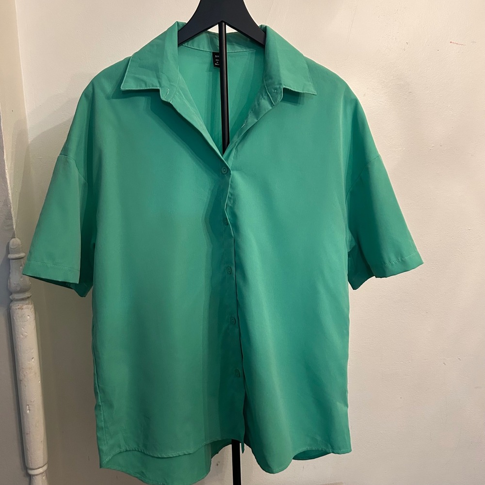 Shein Medium Green Oversized Button Down Top Shirt Short Sleeve